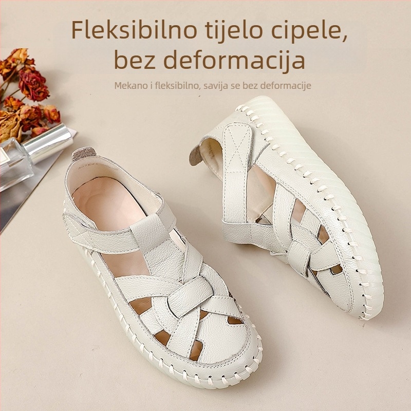 Sandale od prave kože s perforacijom, zatvaranje Velcro, za žene, ljeto, lagane, mekana podloga, protuklizno