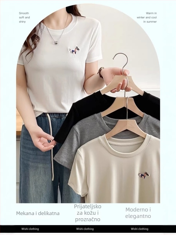 Ženski Lyocell T-shirt s kratkim rukavima, ljeto 2026, osvježavajuće i udobno, s izvezenim detaljima, uska silueta, okrugli izrez