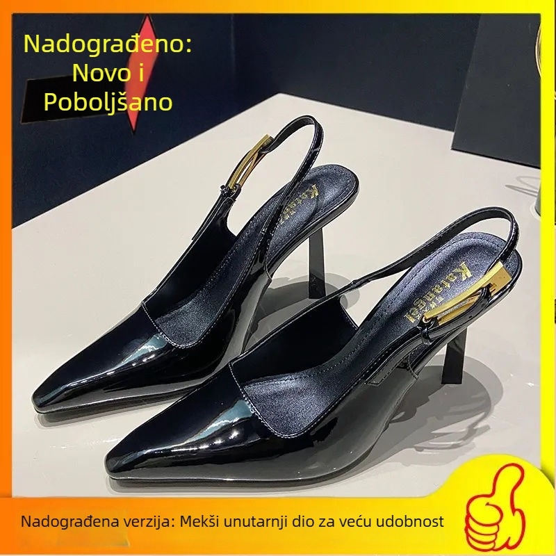 24 Rana proljeće sandale sa zlatnom trakom, lak PU gornji dio, kvadratni ili špičasti vrh, super visoke pete, metalna kopča, ženske modne cipele