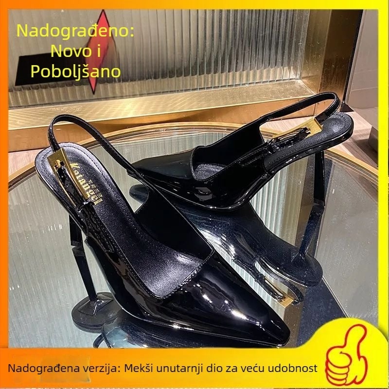 24 Rana proljeće sandale sa zlatnom trakom, lak PU gornji dio, kvadratni ili špičasti vrh, super visoke pete, metalna kopča, ženske modne cipele