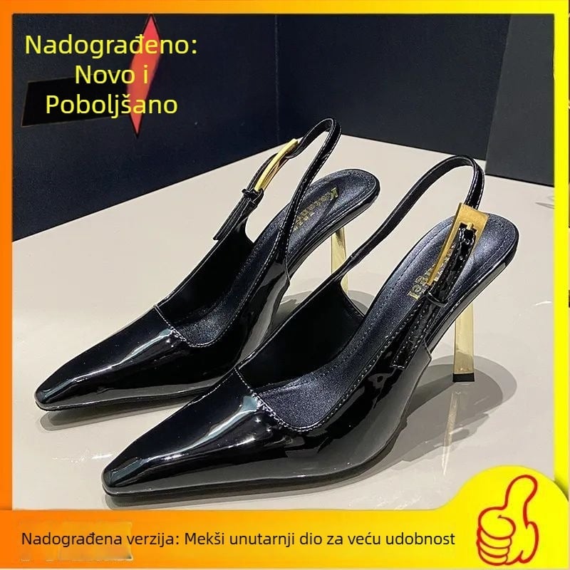 24 Rana proljeće sandale sa zlatnom trakom, lak PU gornji dio, kvadratni ili špičasti vrh, super visoke pete, metalna kopča, ženske modne cipele