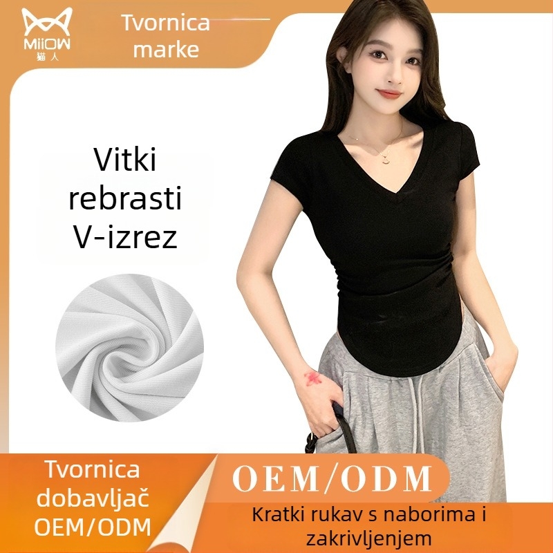 Ženski pamukasti T‑shirt s V‑izrezom, kratkim rukavima, uskim krojem i bočnim naborima