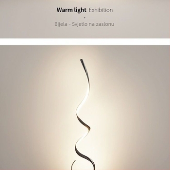 Podna lampa s minimalističkim skandinavskim dizajnom za dnevni boravak, uz kauč, u kutu zida, rasvjeta s punim spektrom i valovitu atmosferu