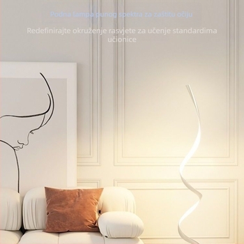 Podna lampa s minimalističkim skandinavskim dizajnom za dnevni boravak, uz kauč, u kutu zida, rasvjeta s punim spektrom i valovitu atmosferu