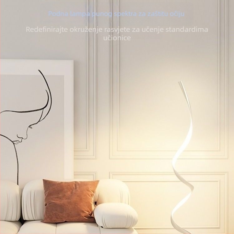 Podna lampa s minimalističkim skandinavskim dizajnom za dnevni boravak, uz kauč, u kutu zida, rasvjeta s punim spektrom i valovitu atmosferu
