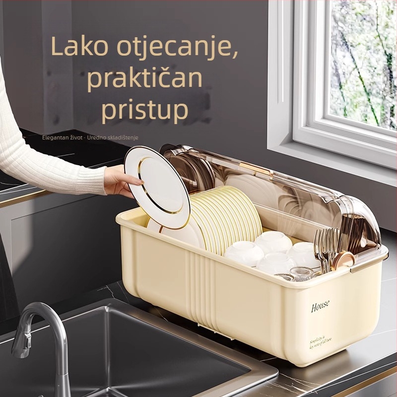 Stolni kuhinjski stalak za odvodnju posuđa s poklopcem – za zdjele, tanjure i pribor