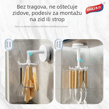 Zidni kuhinjski organizator s usisnim čašicama i rotirajućim kukama za spatule i žlice