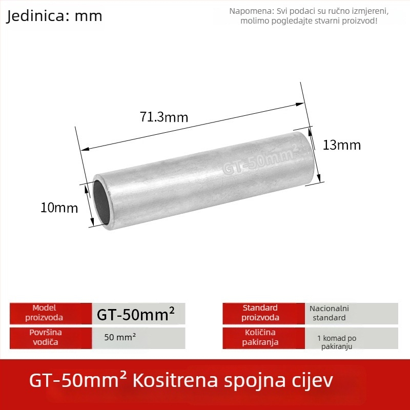 GT-50 mm kvadratni prirodni cínirani bakreni spojni cijev s bakrenim nosom za žice i kablove