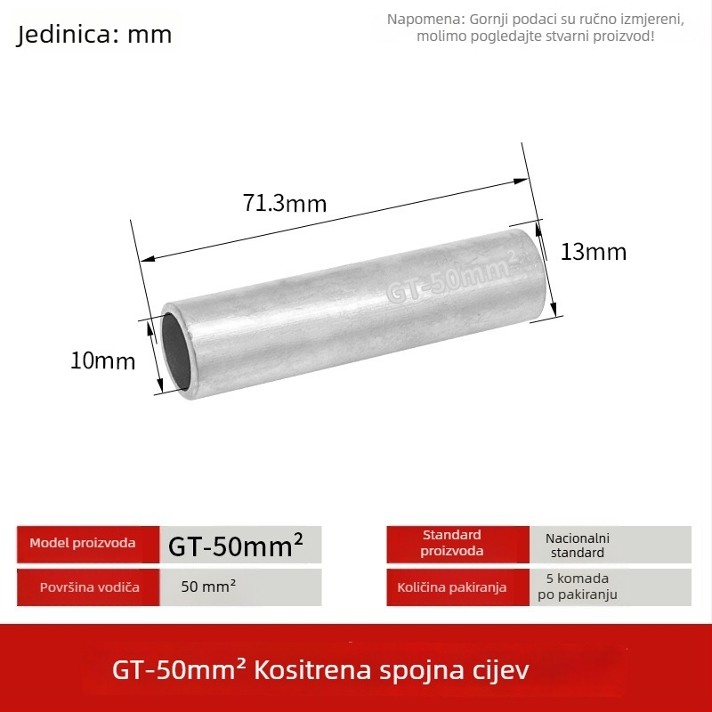 GT-50 mm kvadratni prirodni cínirani bakreni spojni cijev s bakrenim nosom za žice i kablove