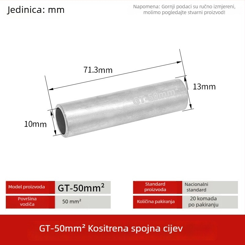 GT-50 mm kvadratni prirodni cínirani bakreni spojni cijev s bakrenim nosom za žice i kablove