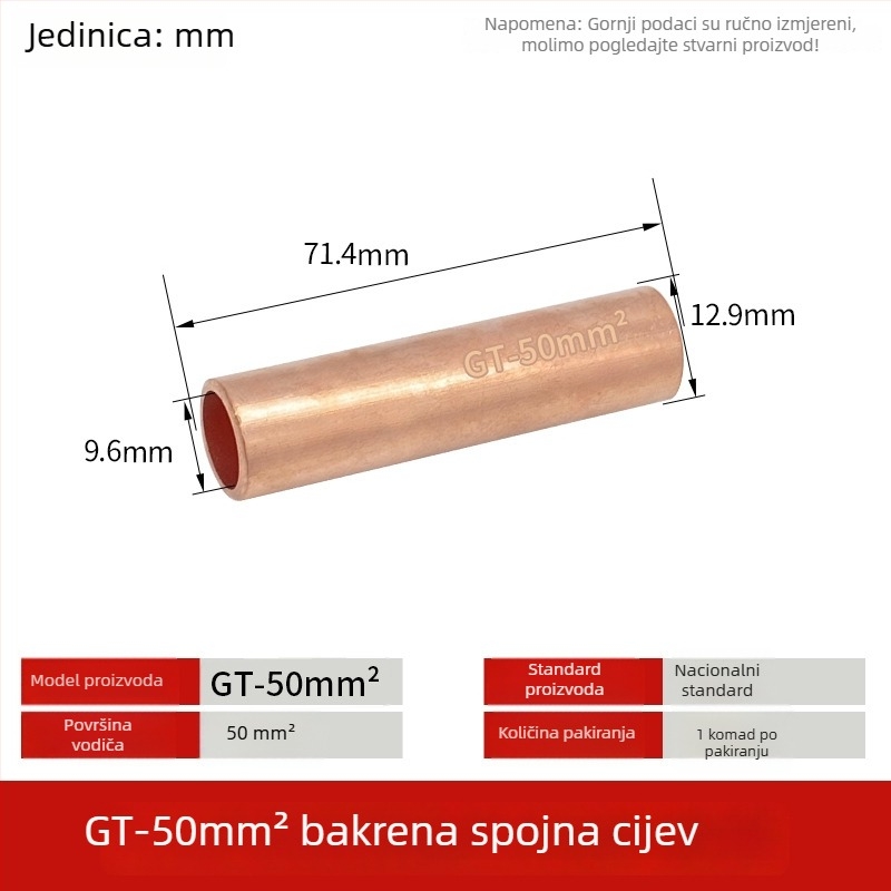 GT-50 mm kvadratni prirodni cínirani bakreni spojni cijev s bakrenim nosom za žice i kablove