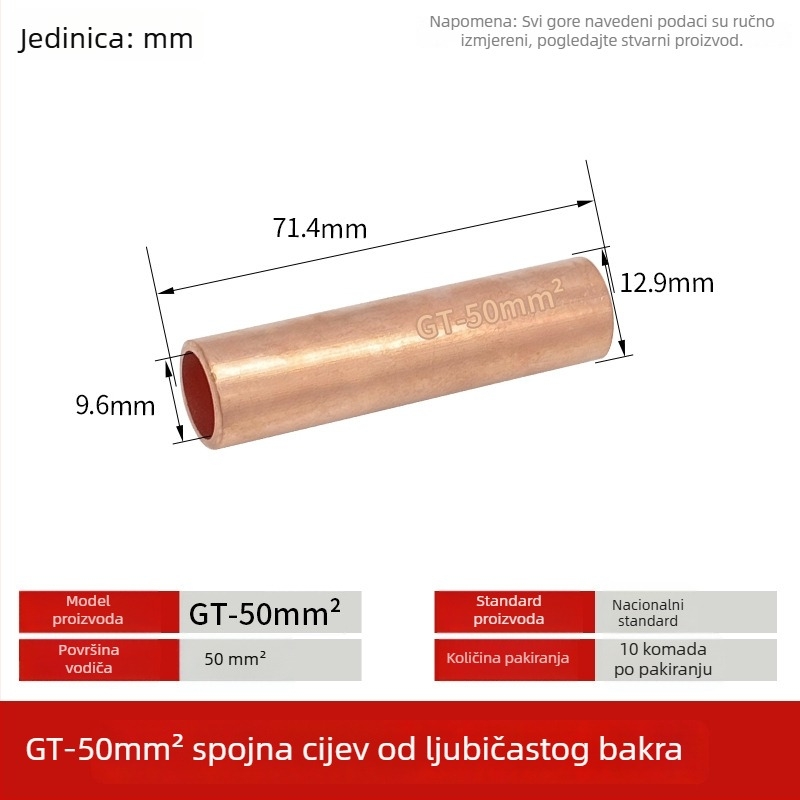 GT-50 mm kvadratni prirodni cínirani bakreni spojni cijev s bakrenim nosom za žice i kablove