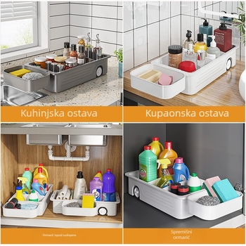 Plastični stalak ispod sudopera s izvlačnim pretincem i kotačićima – višenamjenski organizator za kuhinju i kupaonicu