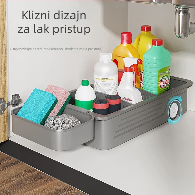 Plastični stalak ispod sudopera s izvlačnim pretincem i kotačićima – višenamjenski organizator za kuhinju i kupaonicu