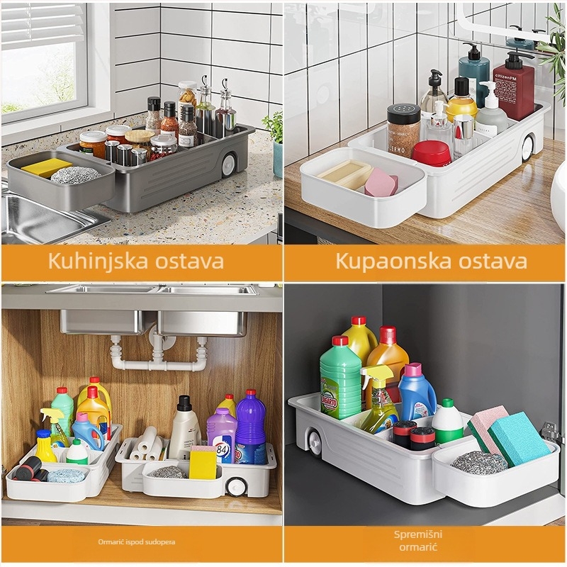 Plastični stalak ispod sudopera s izvlačnim pretincem i kotačićima – višenamjenski organizator za kuhinju i kupaonicu