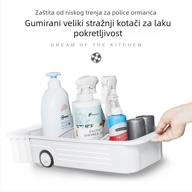 Plastični stalak ispod sudopera s izvlačnim pretincem i kotačićima – višenamjenski organizator za kuhinju i kupaonicu