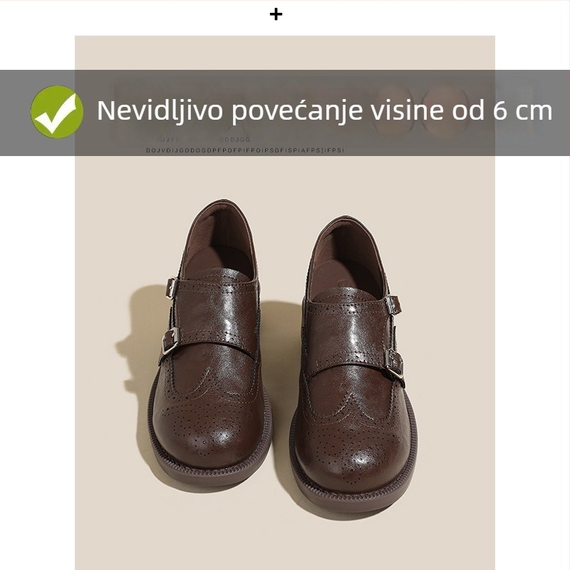 Ženske loafers u retro stilu, skrivena 6 cm peta, brogirani dizajn, slip-on, fleec podstava, cipele britanskog stila od kože