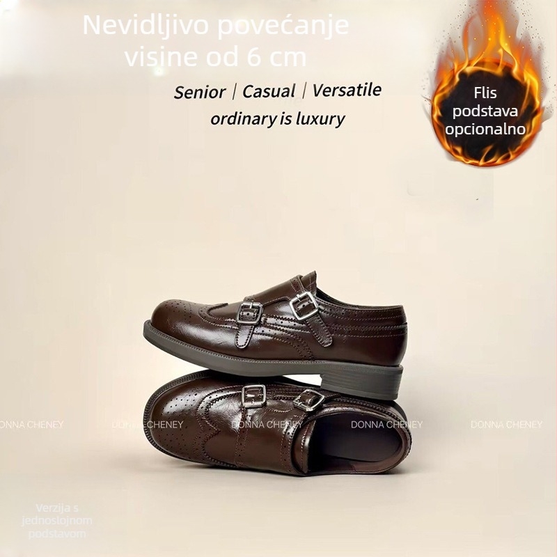 Ženske loafers u retro stilu, skrivena 6 cm peta, brogirani dizajn, slip-on, fleec podstava, cipele britanskog stila od kože