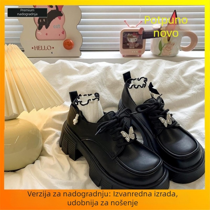 Ženske loaferice u britskom stilu, vintage, model za jesen-zimu 2025, debelim potplatom i masivnim visokim potpeticama, vezice, kožne cipele