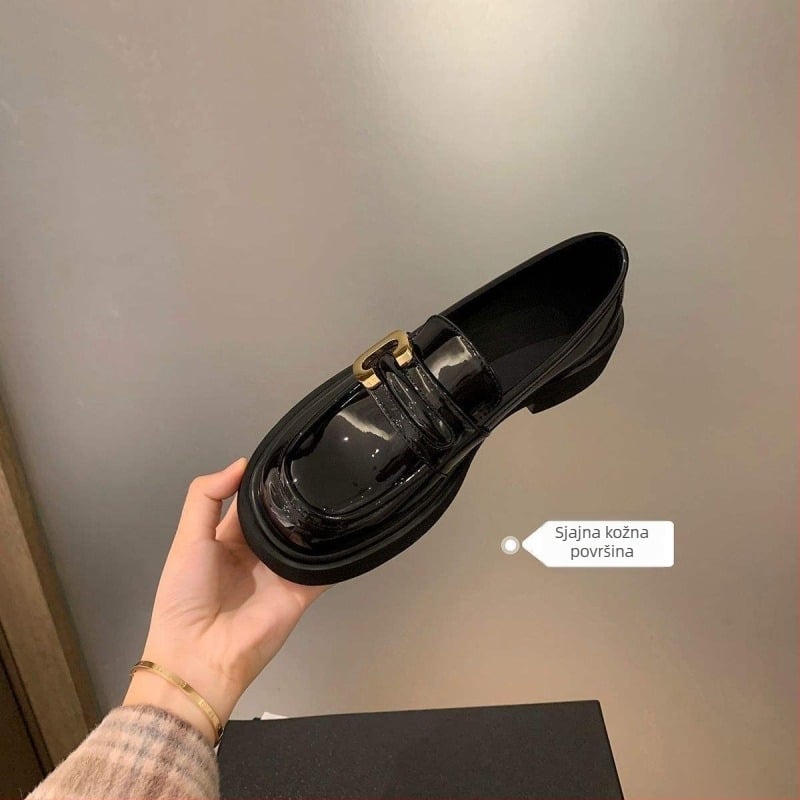 Ženske loaferice japanskog stila, crne kožne cipele s debelim đonom, sjajna završnica, svestran stil, britanski stil