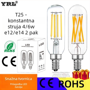 LED Edison žarulja s filamentom, T25, 110V, 4–6W, retro staklena žarulja, E12/E14 baza, dimmable, 360° snop, CRI 80–90