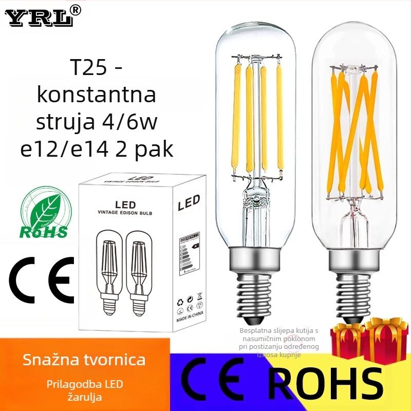LED Edison žarulja s filamentom, T25, 110V, 4–6W, retro staklena žarulja, E12/E14 baza, dimmable, 360° snop, CRI 80–90