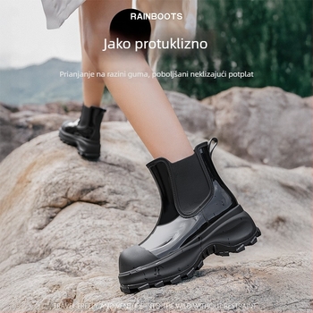 Ženske kišne čizme, forest zelene boje, PVC gornji dio, elastično platno, niski do srednji potkoljenica, srednji pet 3–5 cm, slip-on