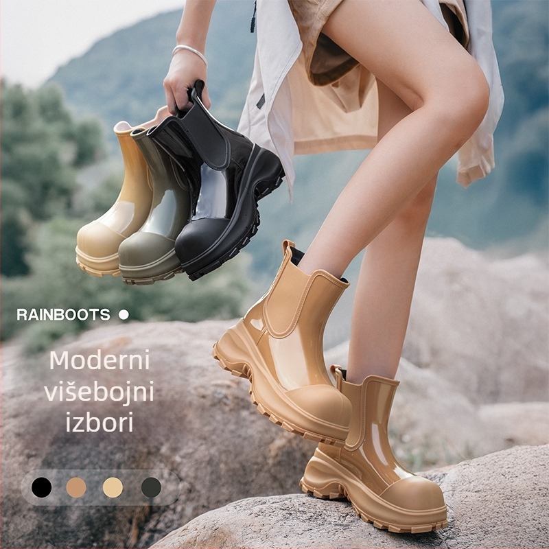 Ženske kišne čizme, forest zelene boje, PVC gornji dio, elastično platno, niski do srednji potkoljenica, srednji pet 3–5 cm, slip-on