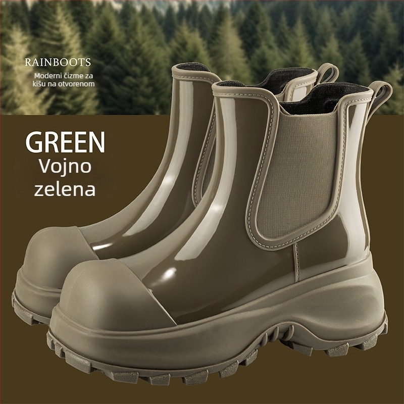 Ženske kišne čizme, forest zelene boje, PVC gornji dio, elastično platno, niski do srednji potkoljenica, srednji pet 3–5 cm, slip-on