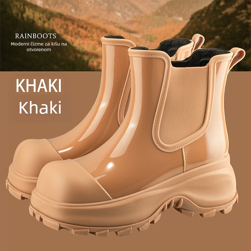 Ženske kišne čizme, forest zelene boje, PVC gornji dio, elastično platno, niski do srednji potkoljenica, srednji pet 3–5 cm, slip-on