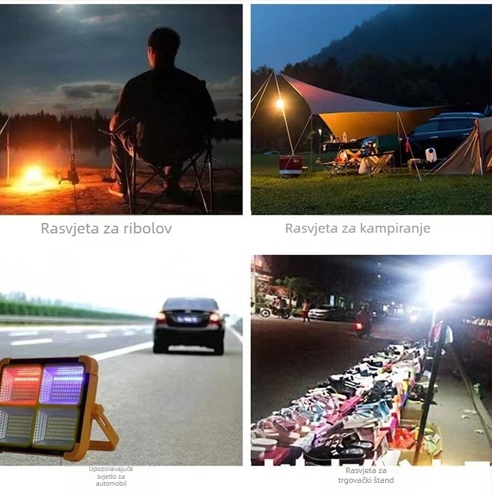 Vanjski solarni LED floodlight, prijenosni s mogućnošću punjenja; za kampiranje, putovanja i hitne situacije; kompakna žuta svjetlost.
