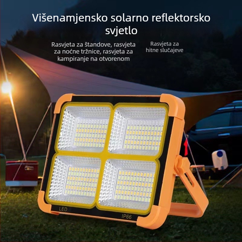 Vanjski solarni LED floodlight, prijenosni s mogućnošću punjenja; za kampiranje, putovanja i hitne situacije; kompakna žuta svjetlost.