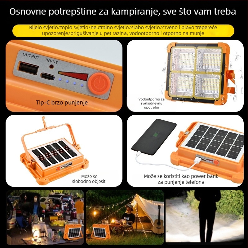 Solarna LED svjetiljka za vanjsku upotrebu, USB punjiva lampica za šator, kamperska LED lampica, višenamjenska LED svjetiljka