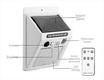 Solarna alarmna svjetiljka s daljinskim upravljanjem, senzorom pokreta, alarmom protiv krađe, IP65, LED rasvjeta