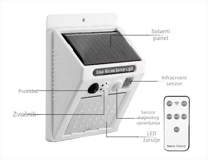 Solarna alarmna svjetiljka s daljinskim upravljanjem, senzorom pokreta, alarmom protiv krađe, IP65, LED rasvjeta