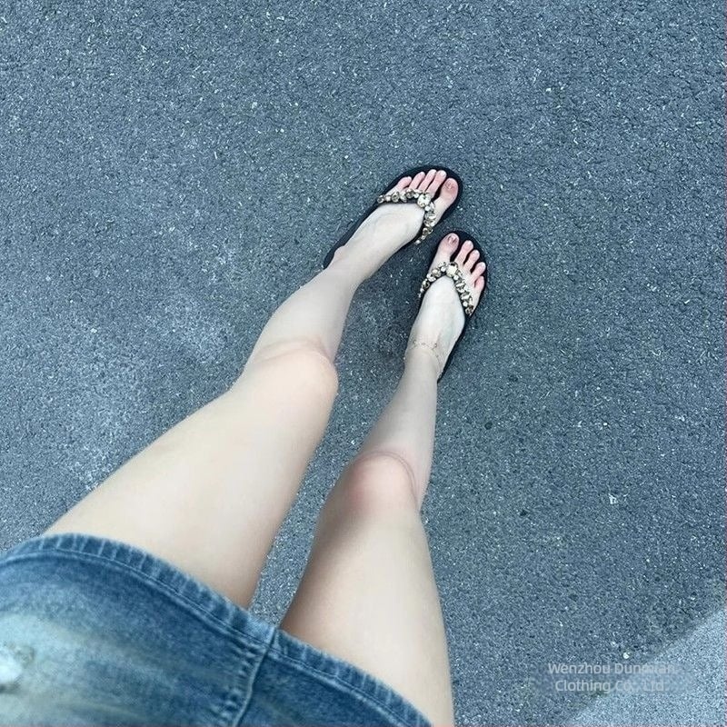 Ženske japanke u korejskom stilu s klinastim petom i debelom potplatom, ukrašene kristalima, protuklizne za plažu