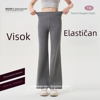 Ženske hlače ravnog kroja s blagim izduženim donjim dijelom od Modal Lenzing vlakna, visoki pojas, drapirani kroj, svakodnevne i elegantne