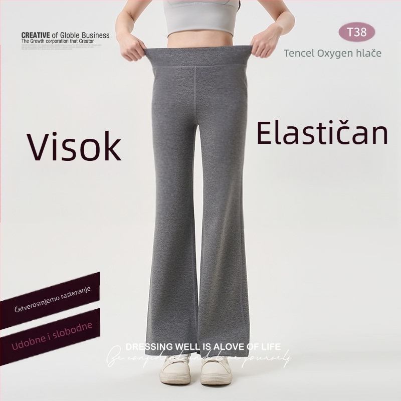 Ženske hlače ravnog kroja s blagim izduženim donjim dijelom od Modal Lenzing vlakna, visoki pojas, drapirani kroj, svakodnevne i elegantne