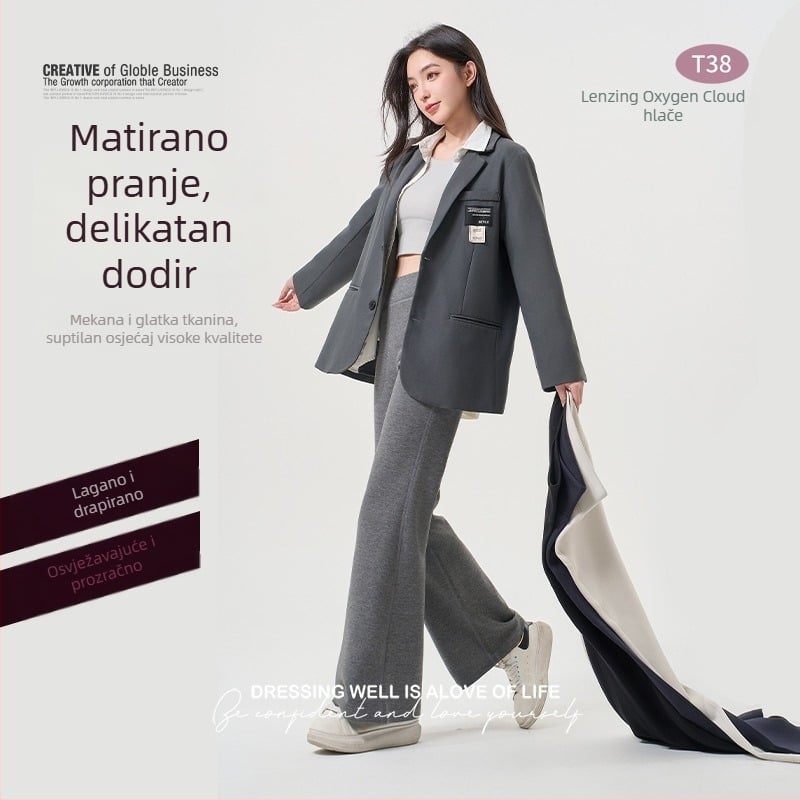 Ženske hlače ravnog kroja s blagim izduženim donjim dijelom od Modal Lenzing vlakna, visoki pojas, drapirani kroj, svakodnevne i elegantne