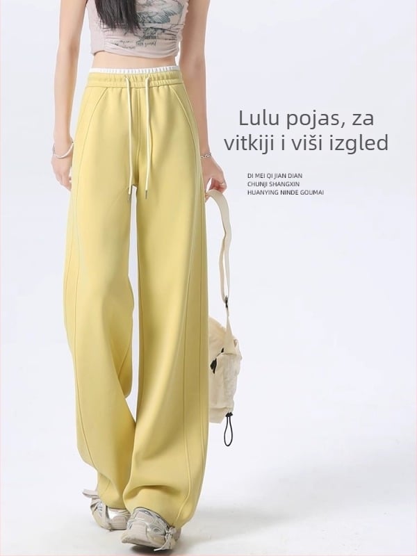 Žute ženske udobne sportske hlače s visokim pojasom, drapirane, široke nogavice, u Lulu stilu, za proleće i jesen