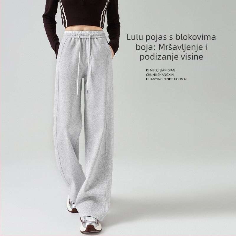 Žute ženske udobne sportske hlače s visokim pojasom, drapirane, široke nogavice, u Lulu stilu, za proleće i jesen