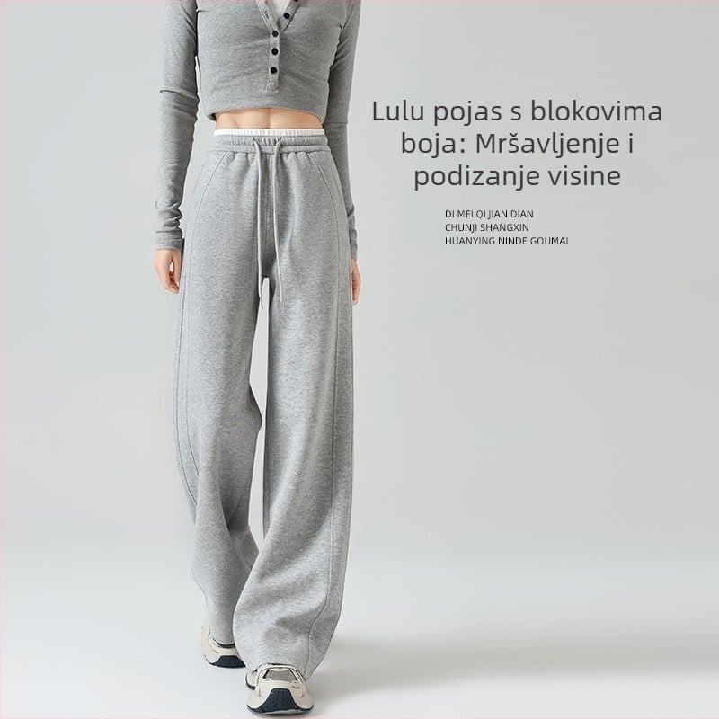 Žute ženske udobne sportske hlače s visokim pojasom, drapirane, široke nogavice, u Lulu stilu, za proleće i jesen