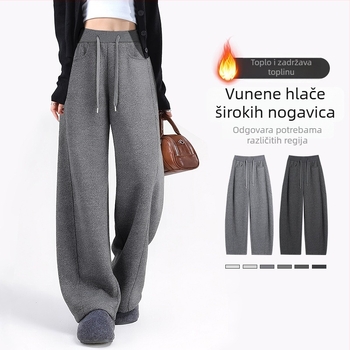 Ženske trenirke s visokim strukom, fleece podstava, širokih nogavica, ležeran kroj