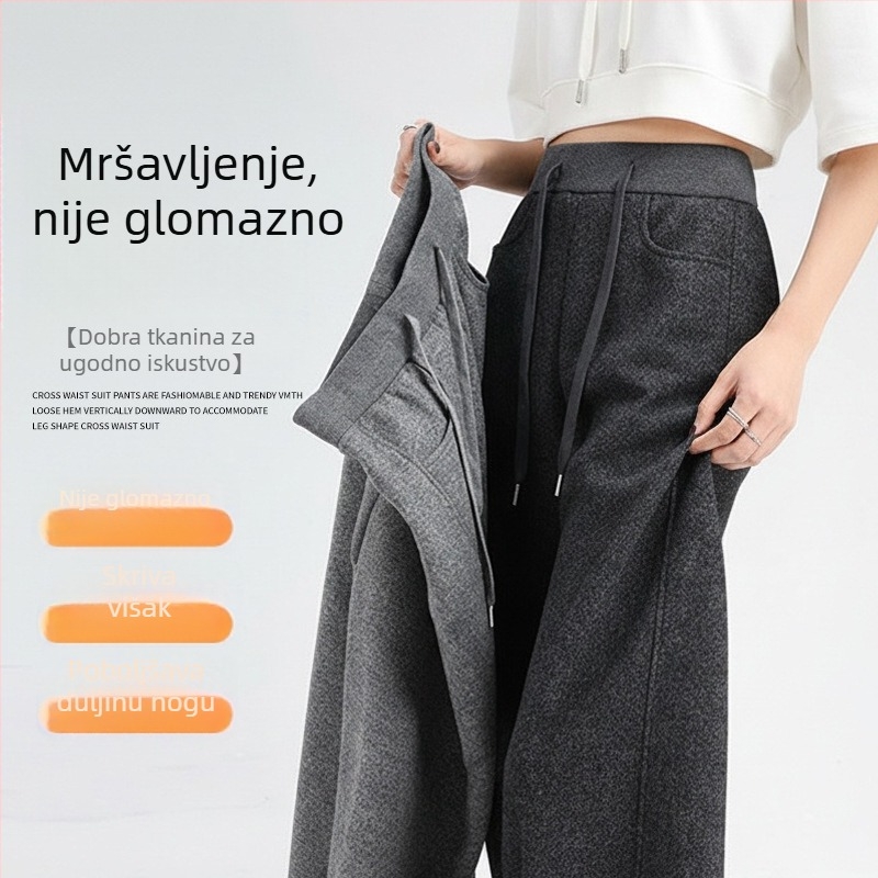 Ženske trenirke s visokim strukom, fleece podstava, širokih nogavica, ležeran kroj