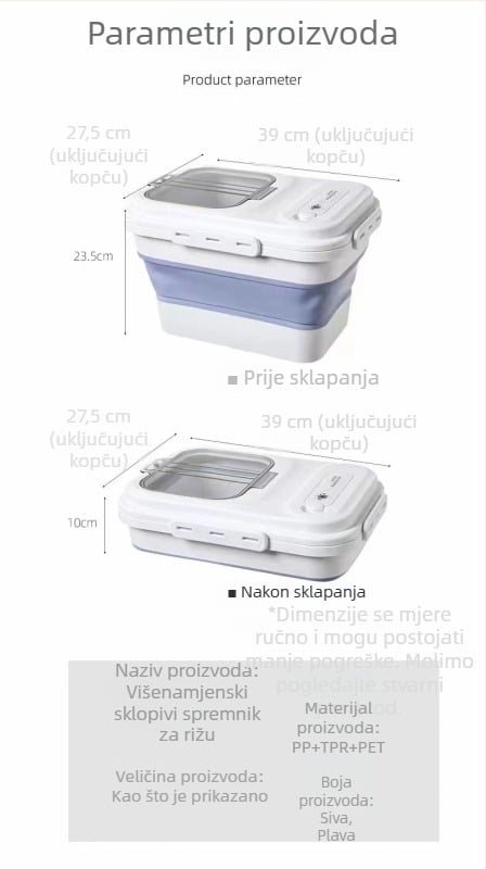 Sklopiva zatvorena posuda za skladištenje riže i brašna, otporna na insekte i vlagu, 8–9 L, plastična