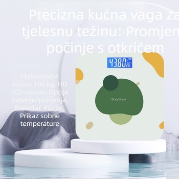 Kućna pametna vaga za zdravlje s kaljenim staklom, kvadratni oblik, mjerenje temperature, napajanje baterijama