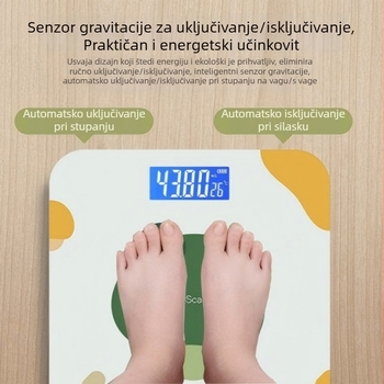 Kućna pametna vaga za zdravlje s kaljenim staklom, kvadratni oblik, mjerenje temperature, napajanje baterijama