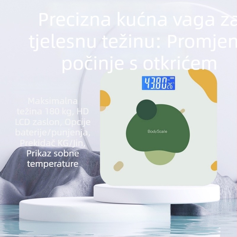 Kućna pametna vaga za zdravlje s kaljenim staklom, kvadratni oblik, mjerenje temperature, napajanje baterijama