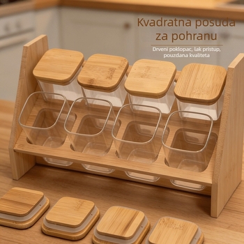 Komplet kvadratnih staklenih posuda za pohranu u kuhinji, na drvenom policu, prozirne staklene posude za žitarice i začine, poklop od bambusa, hermetički zatvaranje, za čaj od cvijeta
