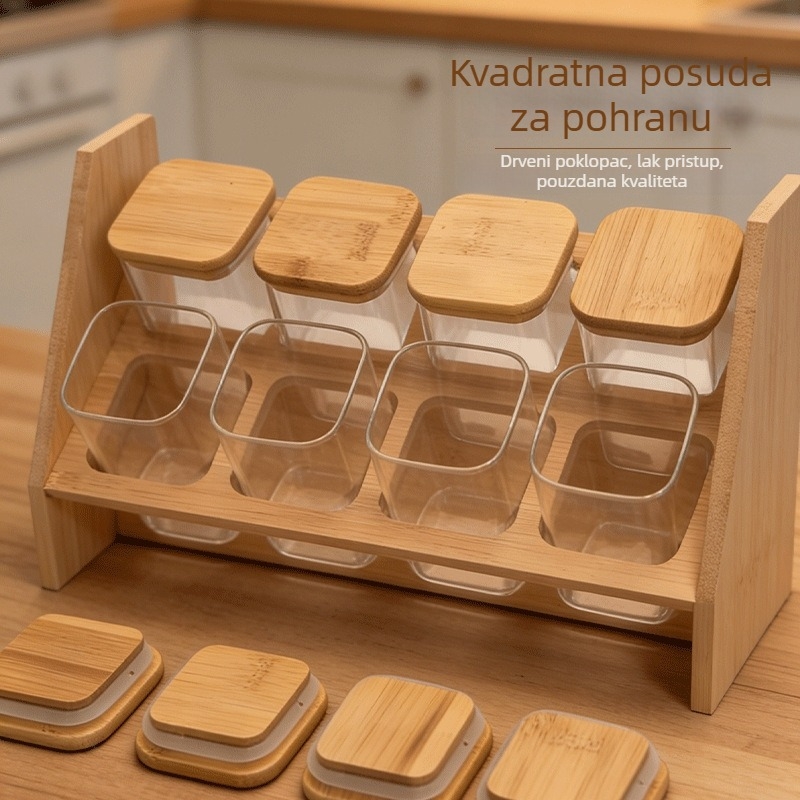 Komplet kvadratnih staklenih posuda za pohranu u kuhinji, na drvenom policu, prozirne staklene posude za žitarice i začine, poklop od bambusa, hermetički zatvaranje, za čaj od cvijeta